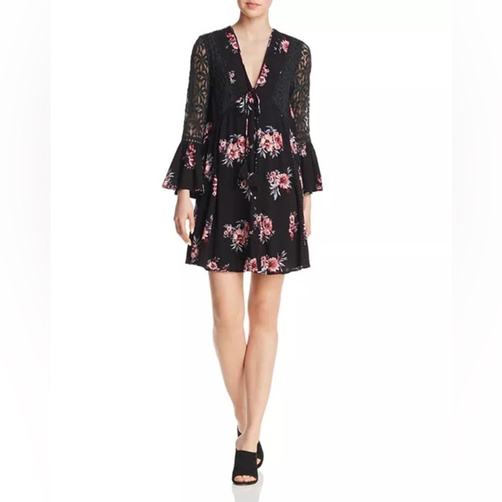 En Créme Lace-Inset Floral-Print Dress